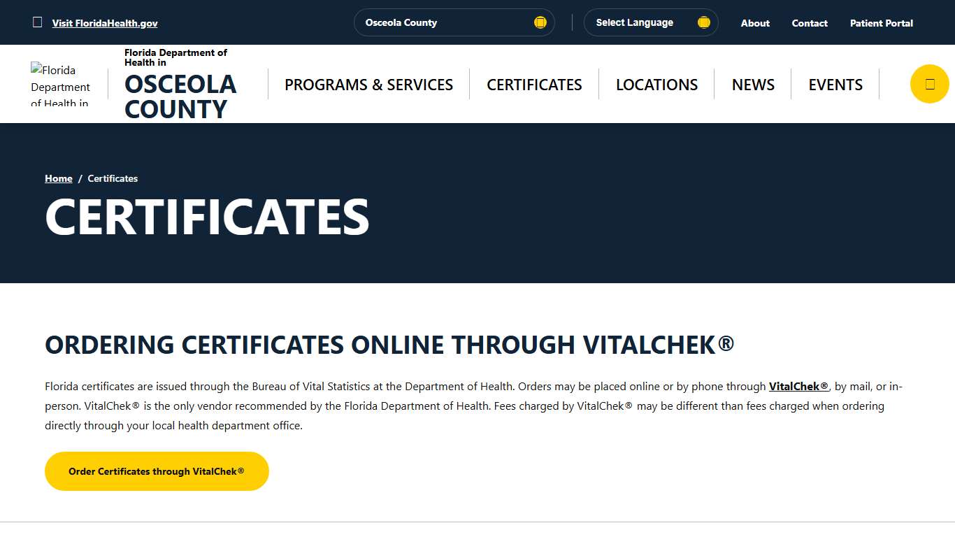 Certificates - Florida Department of Health in Osceola County